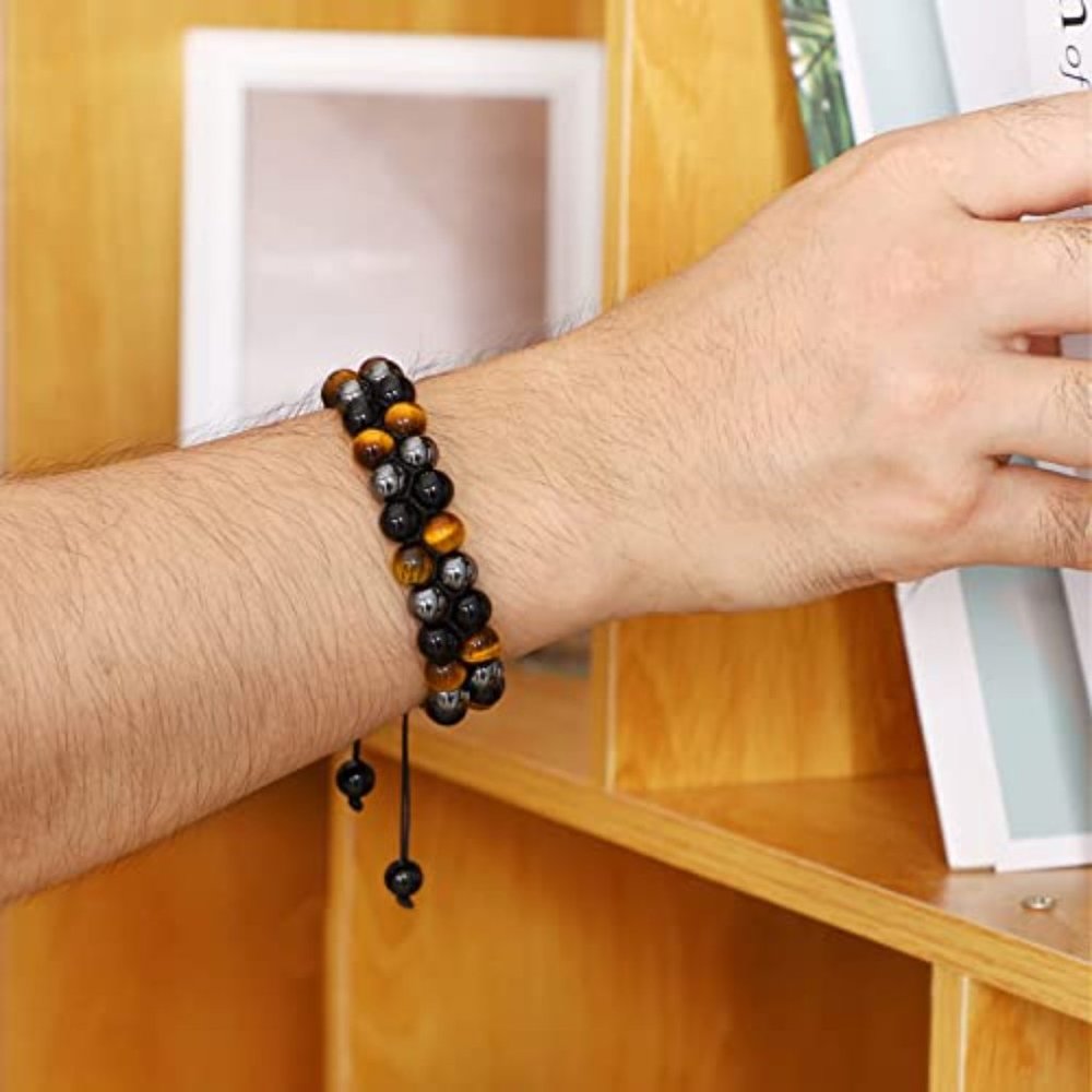Triple Protection Tiger Eye Hematite Obsidian Beads Healing Women Men Bracelet - Picture 2 of 3